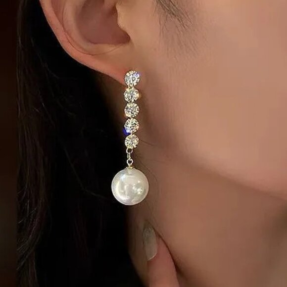 3/$35 Pearl Pendant Drop Dangle Earrings Rhinestone Crystal Party Wedding - Picture 4 of 5